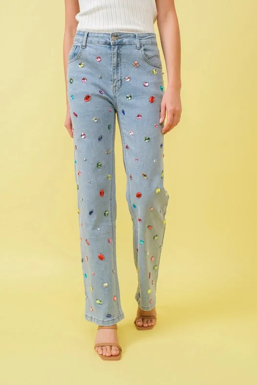 Mid Rise Rainbow Jewel Embellished Denim Jeans