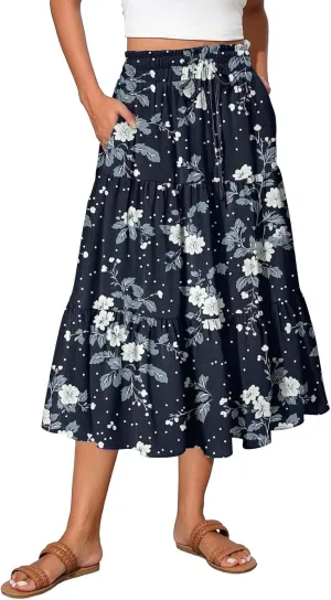Midi Skirt for Women Summer Layered Tiered High Waisted Knee Length Skirt A Line Swing Floral Print Skirts with Pockets