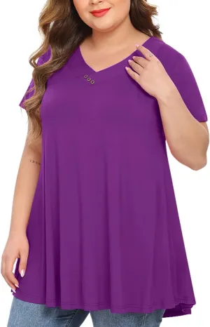 MONNURO Womens Plus Size Short Sleeve V Neck Button Basic Tunic Tops Summer Swing Shirts Blouses for Leggings