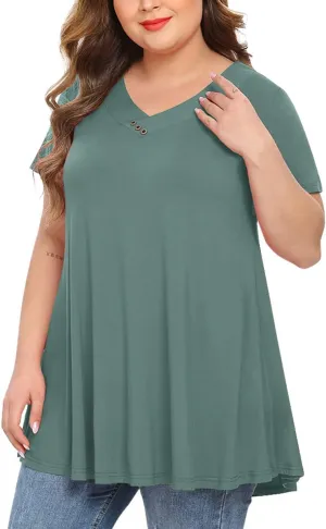 MONNURO Womens Plus Size Short Sleeve V Neck Button Basic Tunic Tops Summer Swing Shirts Blouses for Leggings