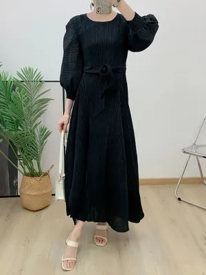 Patchwork Lace Up Streetwear Dresses For Women O Neck Lantern Sleeve High Waist Irregualr Hem Elegant Dress Female