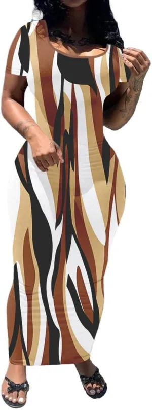 PINSV Women's Casual Bodycon Maxi Dress Summer Scoop Neck Short Sleeve Long Fitted Dresses Club Party