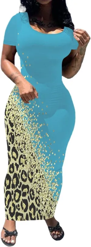 PINSV Women's Casual Bodycon Maxi Dress Summer Scoop Neck Short Sleeve Long Fitted Dresses Club Party