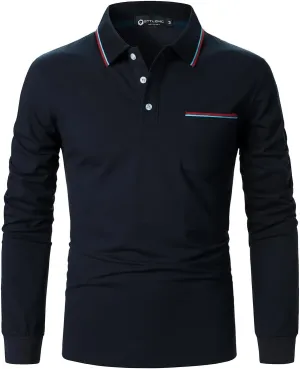 Polo Shirt for Men Long Sleeve Casual Basic Classic Golf Sport Cotton T-Shirt with Pocket