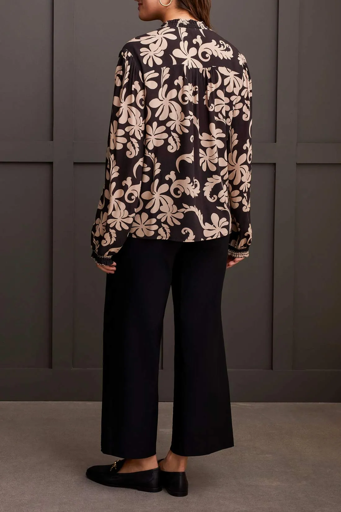 Printed Crepe Blouse with Smocked Collar