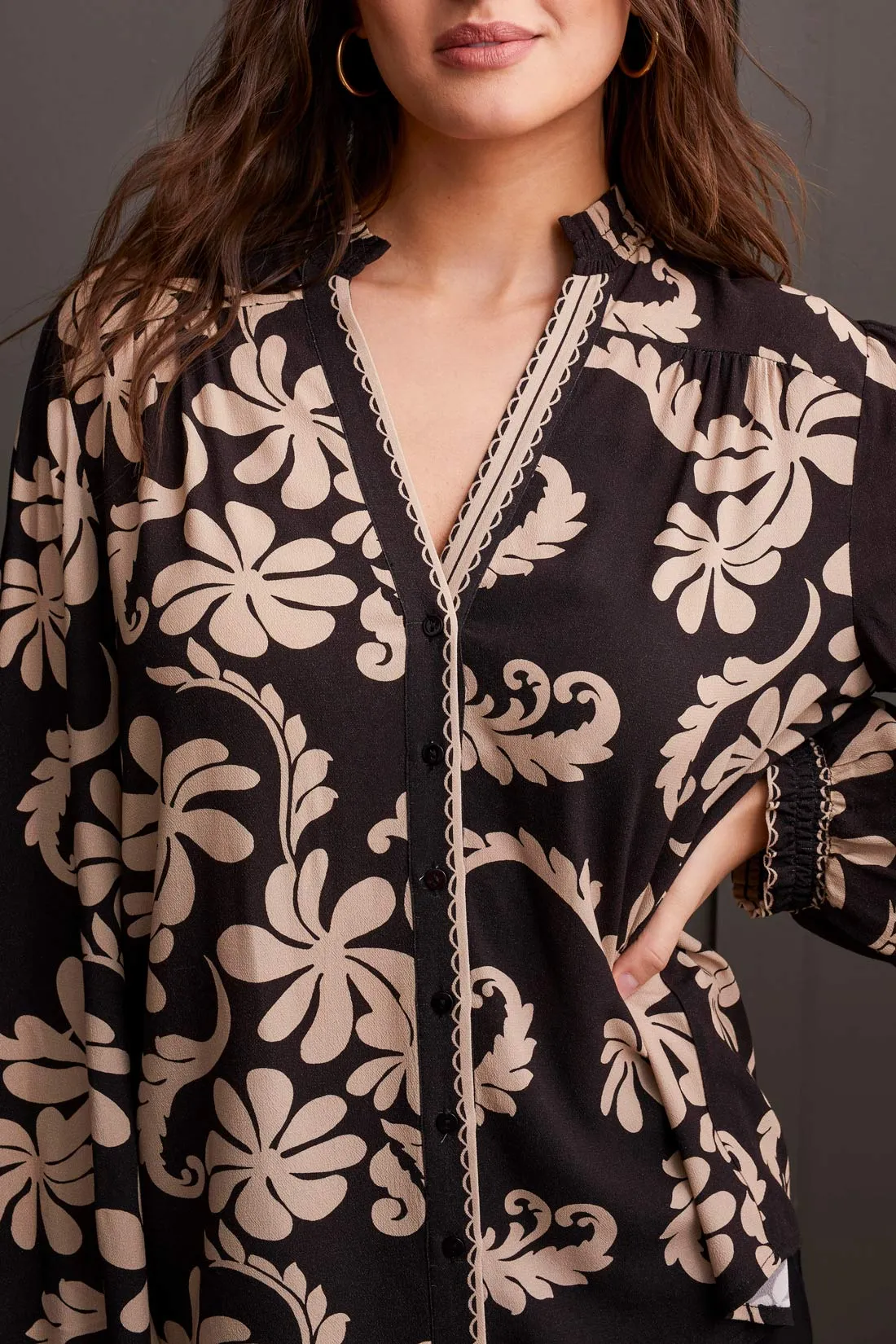 Printed Crepe Blouse with Smocked Collar