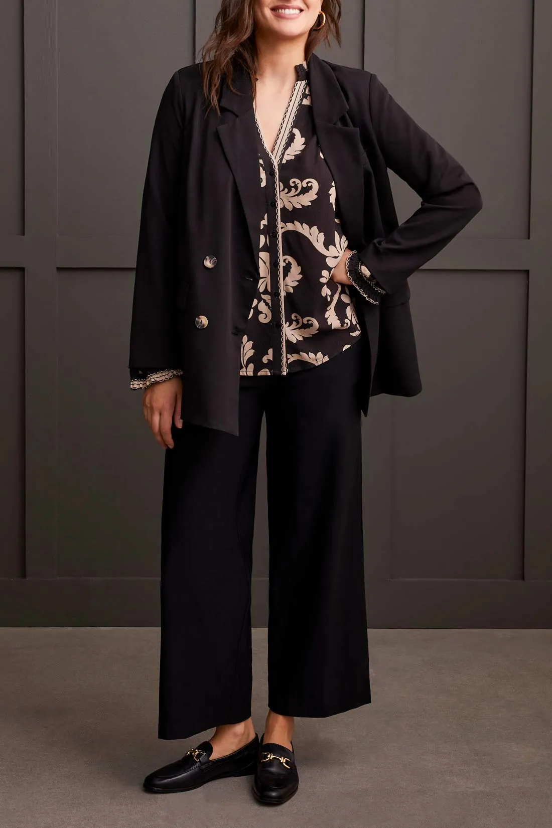 Printed Crepe Blouse with Smocked Collar