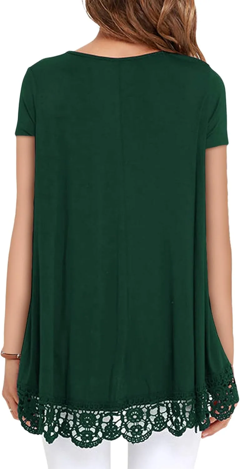 RAGEMALL Women's Tops Short Sleeve Lace Trim O-Neck A-Line Tunic Blouse Tops for Women