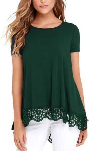RAGEMALL Women's Tops Short Sleeve Lace Trim O-Neck A-Line Tunic Blouse Tops for Women