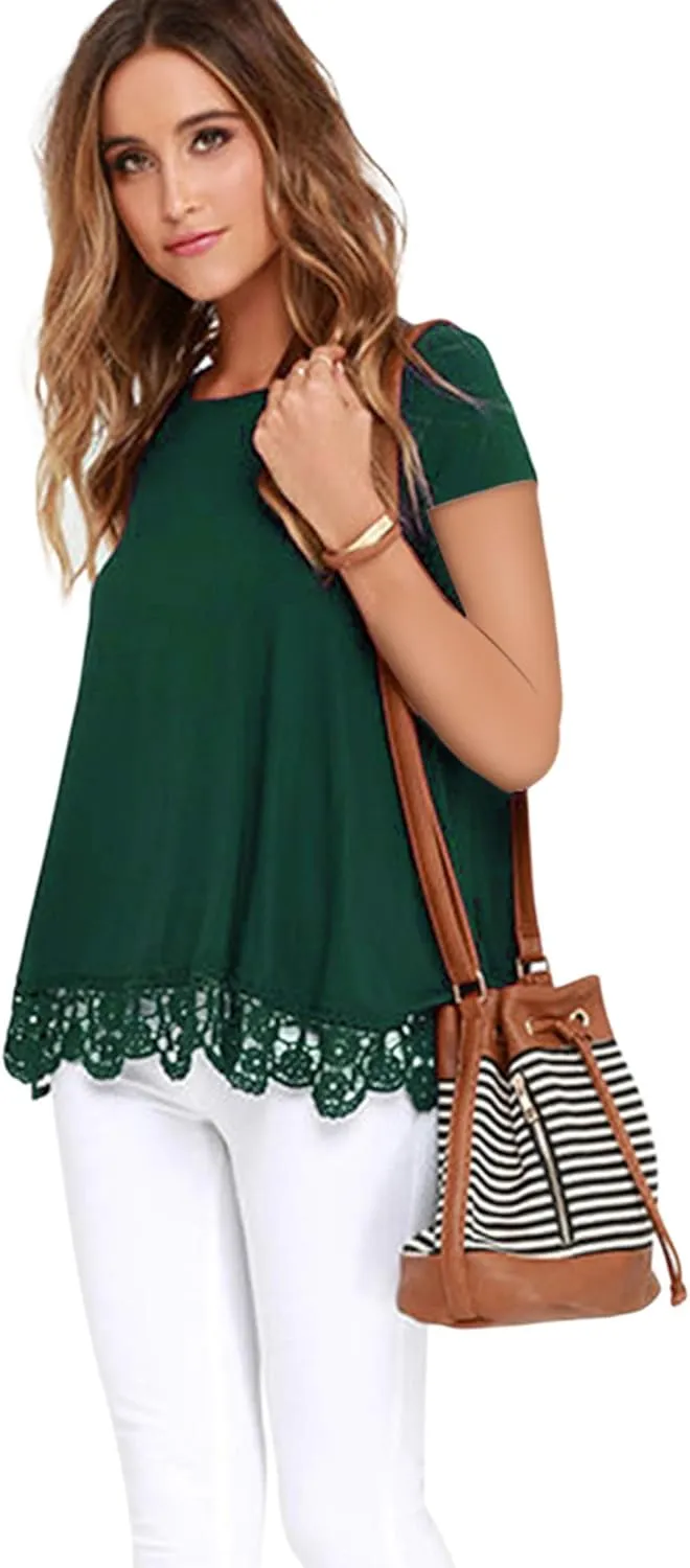 RAGEMALL Women's Tops Short Sleeve Lace Trim O-Neck A-Line Tunic Blouse Tops for Women