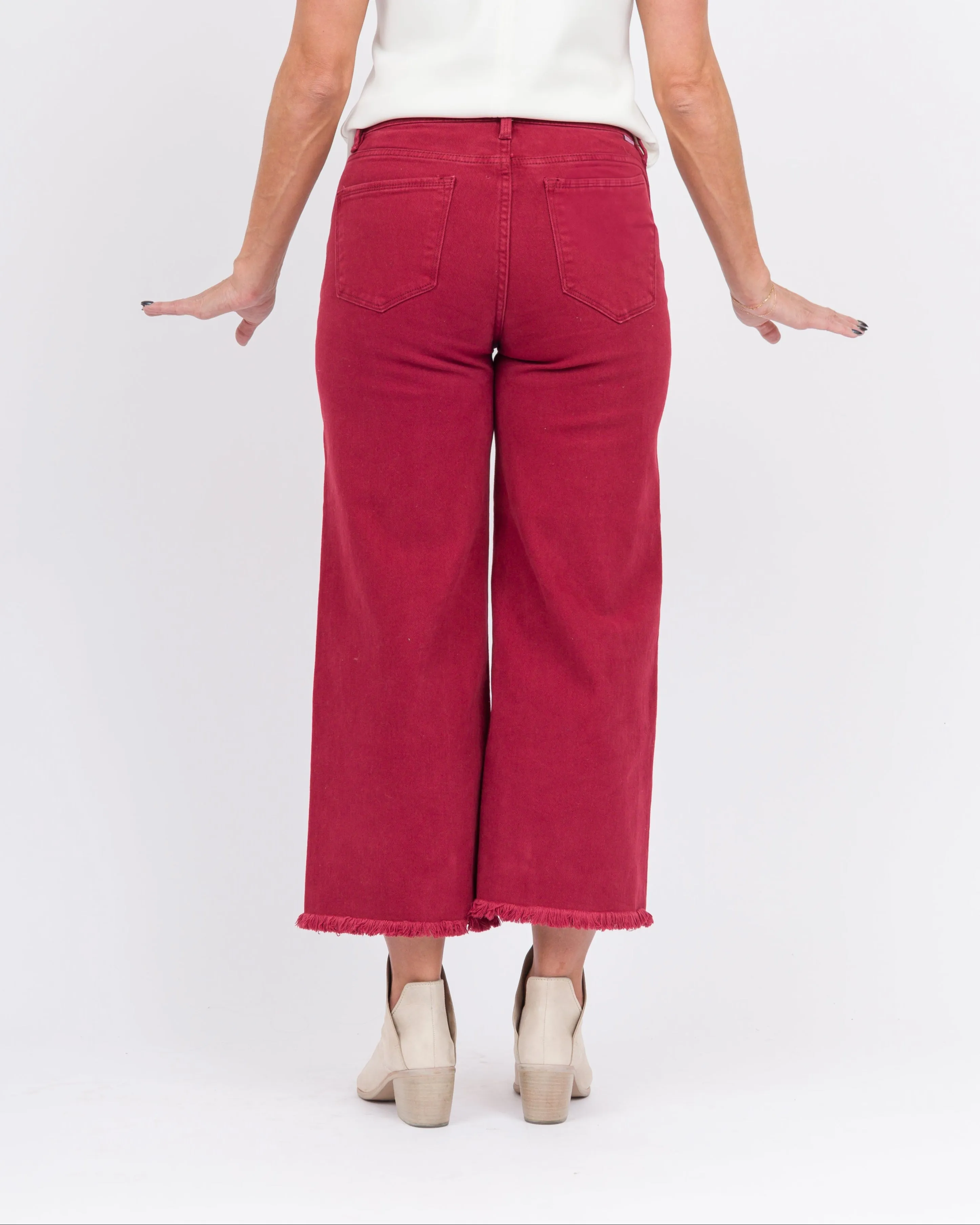 Risen Tummy Control Hi Rise Crop Wide Leg Fray Hem - Wine