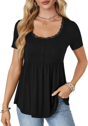Rooscier Women's Scoop Neck Short Sleeve Tunic Flowy Ruffle Hem Casual Blouse Peplum Top