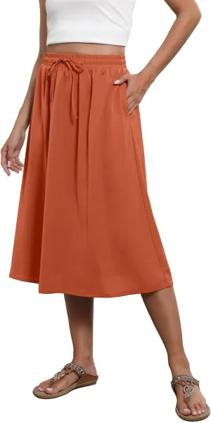 Skirts for Work Summer Drawstring Elastic High Waist Midi Skirt Elegant A-Line Pleated Skirts Below Knee with Pockets