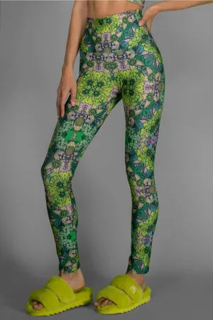Stretchy Psychedelic Botanical Printed Green Garden Leggings