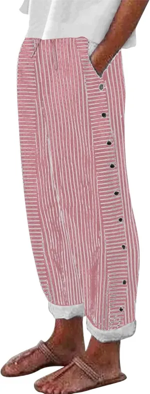 Striped Linen Pants for Women 2025 Summer High Waist Elastic Pants Comfy Side Button Trousers with Pockets