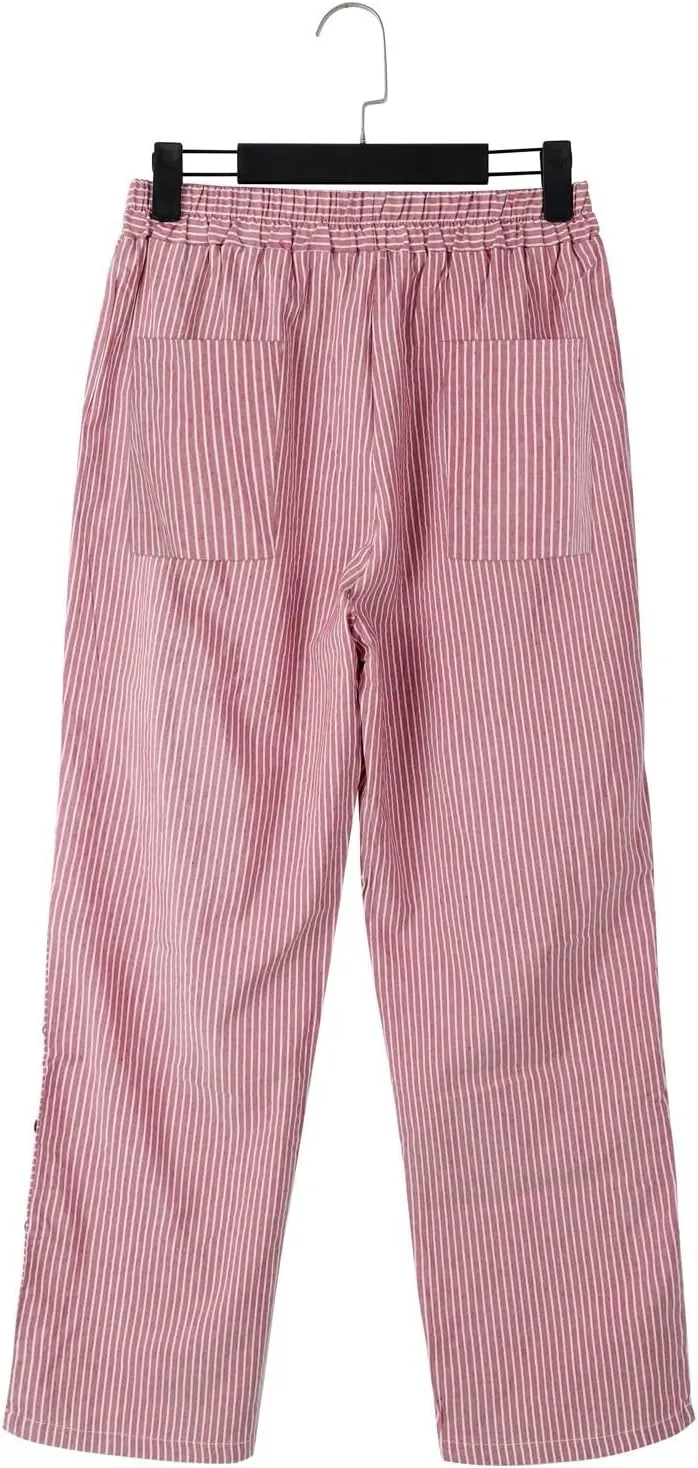 Striped Linen Pants for Women 2025 Summer High Waist Elastic Pants Comfy Side Button Trousers with Pockets
