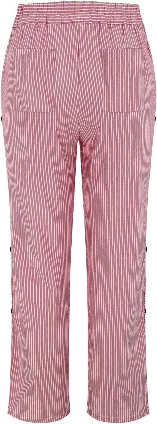 Striped Linen Pants for Women 2025 Summer High Waist Elastic Pants Comfy Side Button Trousers with Pockets