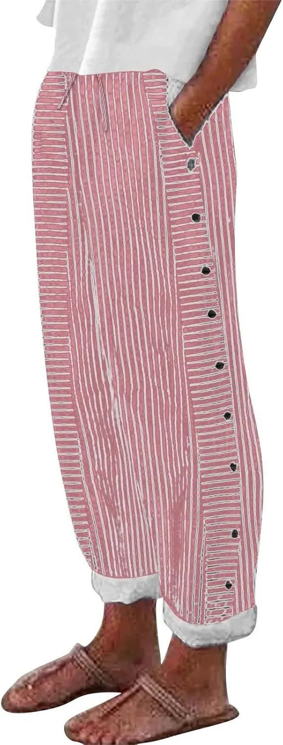 Striped Linen Pants for Women 2025 Summer High Waist Elastic Pants Comfy Side Button Trousers with Pockets