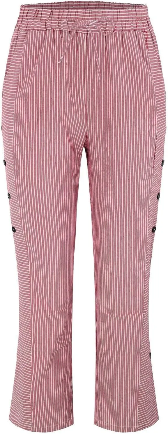 Striped Linen Pants for Women 2025 Summer High Waist Elastic Pants Comfy Side Button Trousers with Pockets