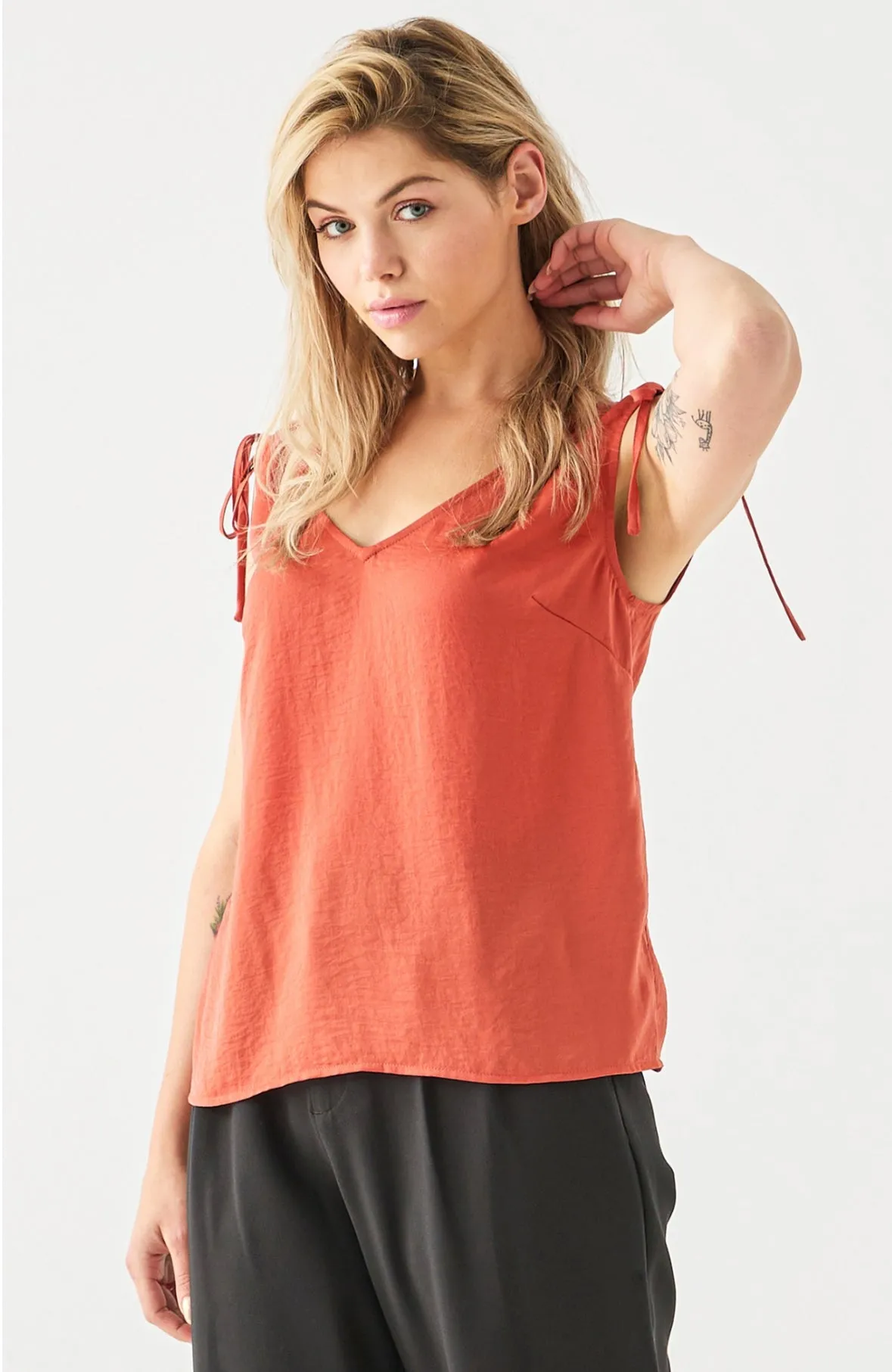 V Neck Tie Shoulder Top