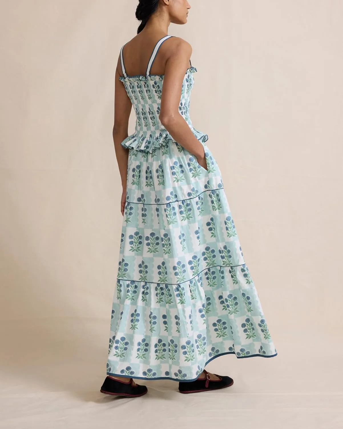 Women Floral Tie Shoulder Maxi Dress Sleeveless Square Neck Smocked Long Dress Boho Flowy Beach Sundress