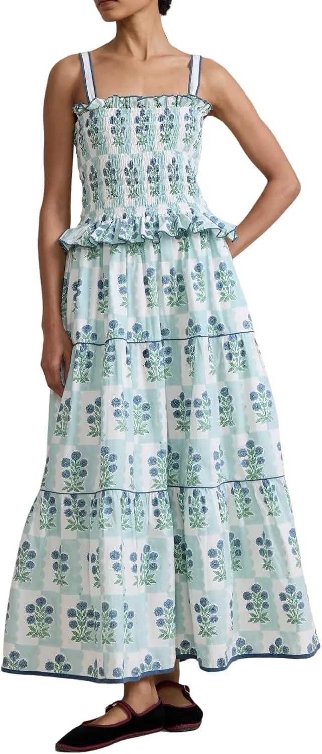 Women Floral Tie Shoulder Maxi Dress Sleeveless Square Neck Smocked Long Dress Boho Flowy Beach Sundress