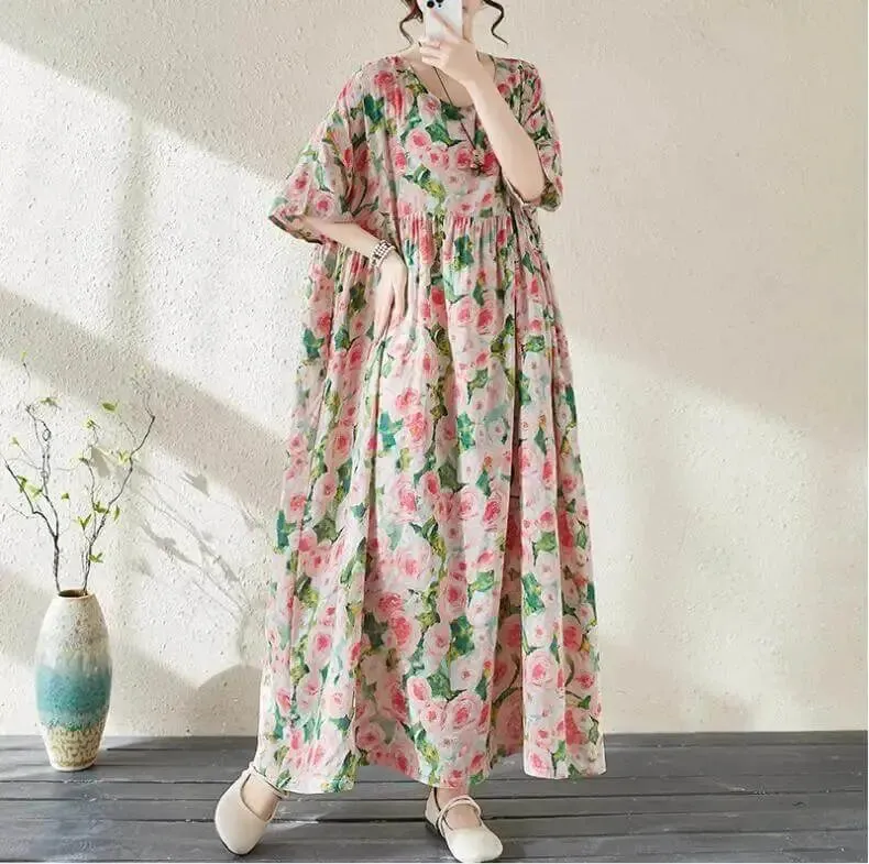 Women's Bohemian Green Summer Floral Print Dress