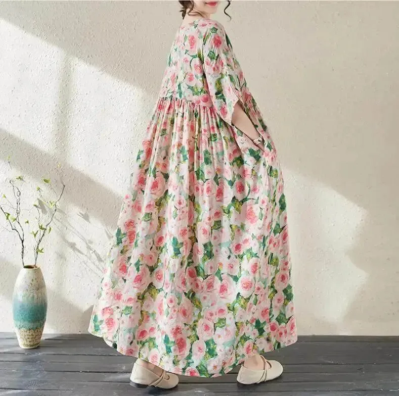 Women's Bohemian Green Summer Floral Print Dress