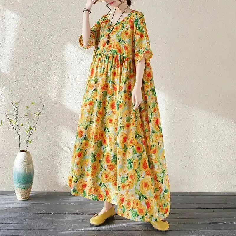 Women's Bohemian Green Summer Floral Print Dress