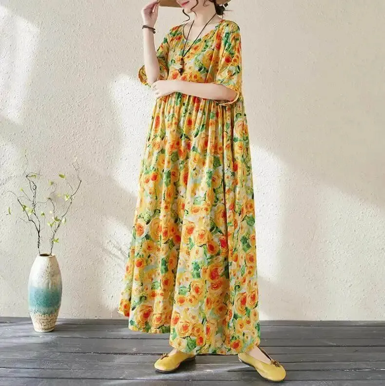 Women's Bohemian Green Summer Floral Print Dress