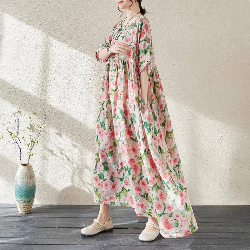 Women's Bohemian Green Summer Floral Print Dress