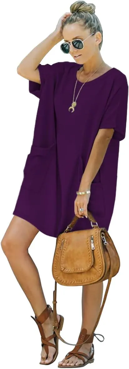 Womens Casual Summer T Shirt Dress Elastic Loose Short Sleeve Dress with Pocket for Women