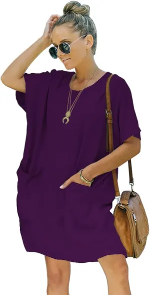 Womens Casual Summer T Shirt Dress Elastic Loose Short Sleeve Dress with Pocket for Women