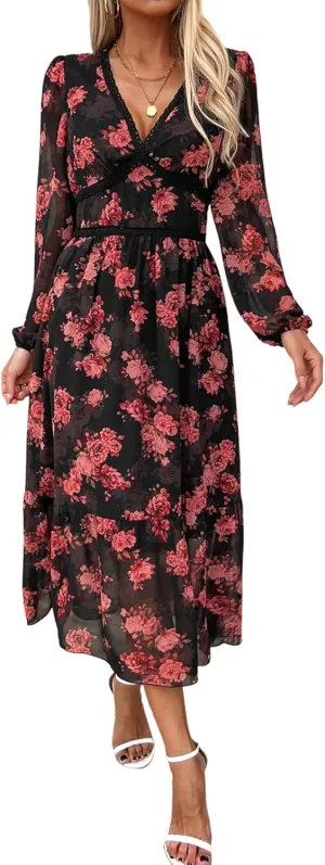 Women's Spring Wrap Maxi Dress Floral V Neck Long Sleeve Wedding Guest Party Casual Chiffon Dress