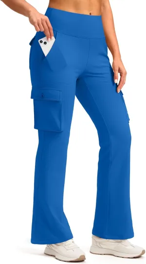 Women's Stretchy Cargo Pants 6 Pockets High Waist Bootcut Flare Leggings for Casual, Work, Travel, Athletic