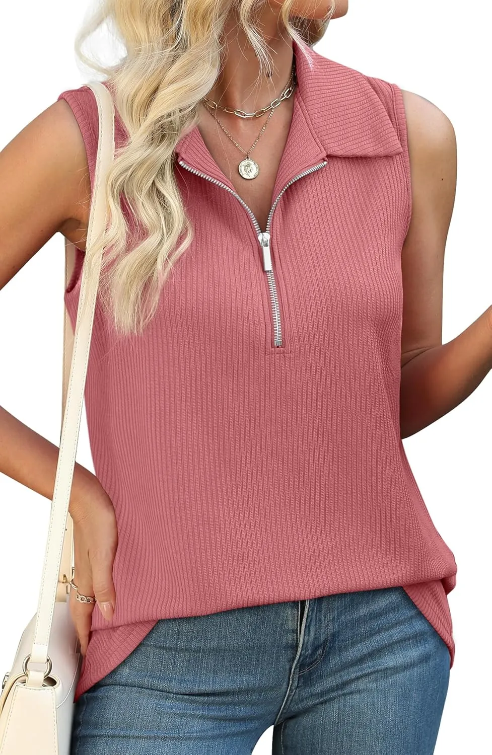 XIEERDUO Womens Summer Tops V Neck Collared Shirts Dressy Casual Ribbed Tank Top with Zipper Loose Fit