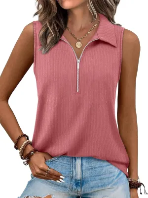 XIEERDUO Womens Summer Tops V Neck Collared Shirts Dressy Casual Ribbed Tank Top with Zipper Loose Fit