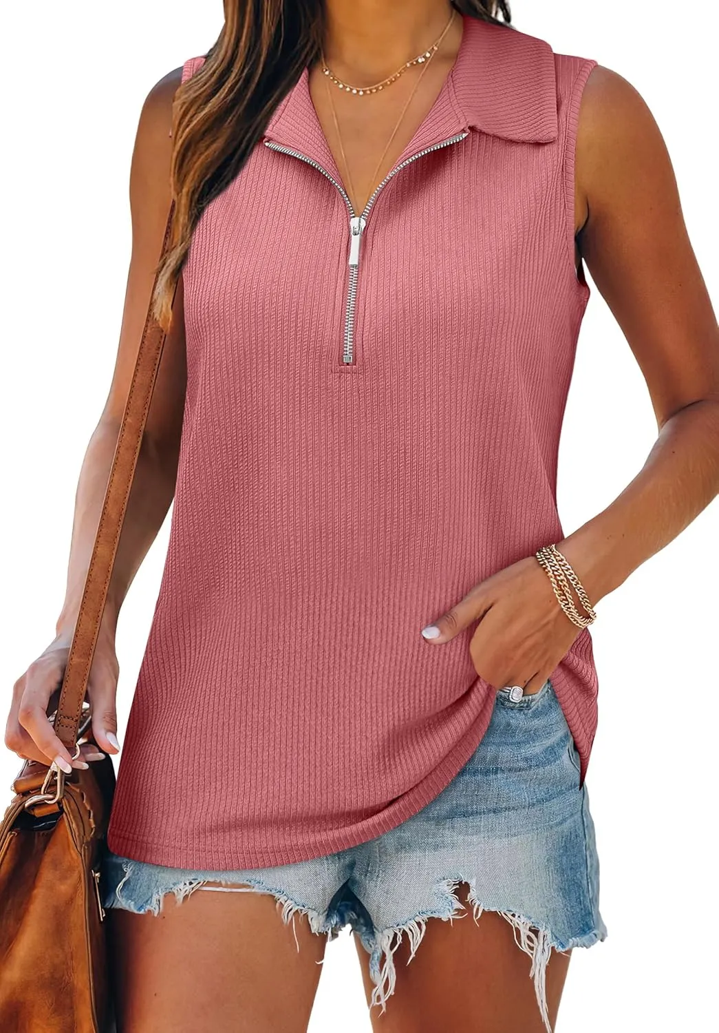 XIEERDUO Womens Summer Tops V Neck Collared Shirts Dressy Casual Ribbed Tank Top with Zipper Loose Fit