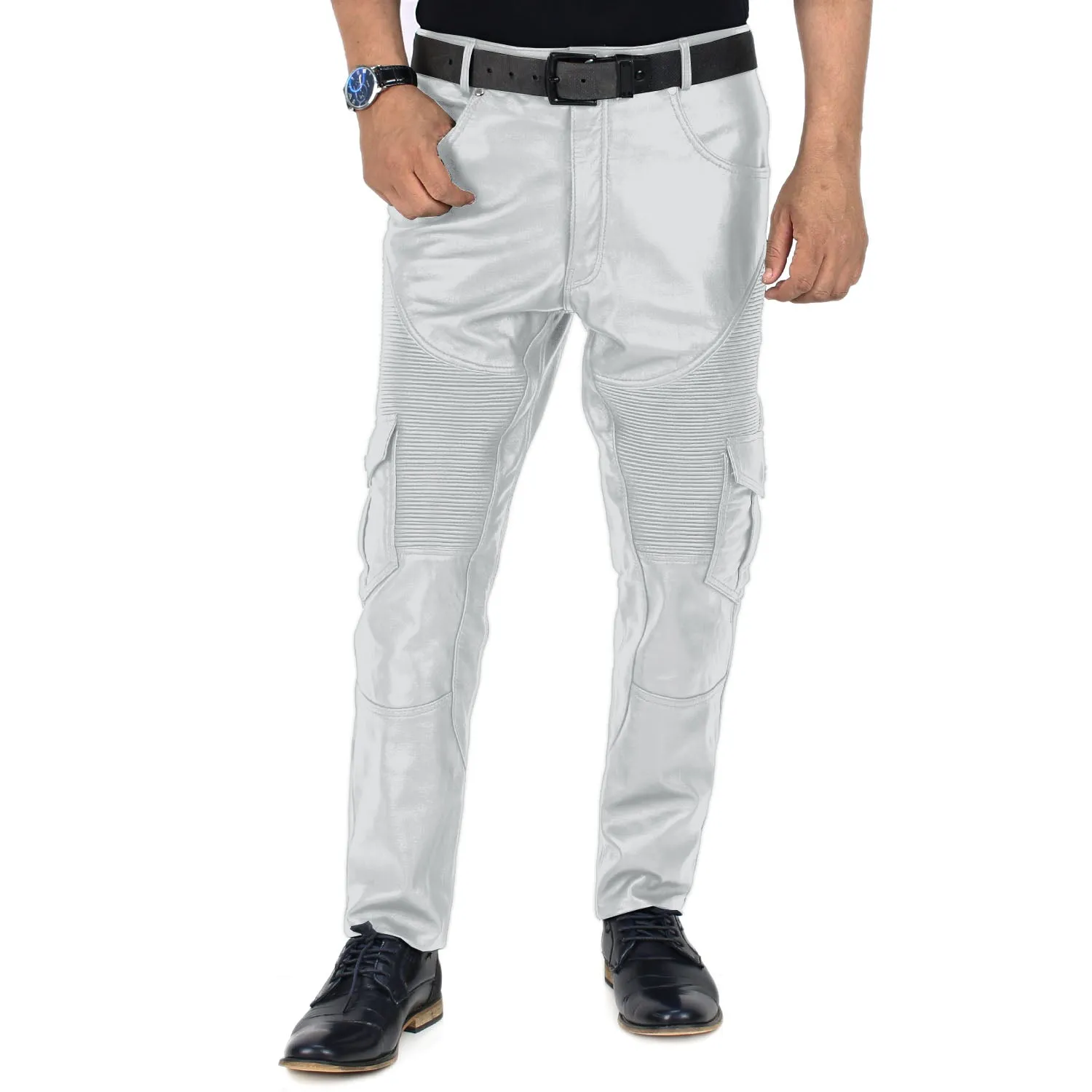 Ylira Men's White Leather Cargo Pants